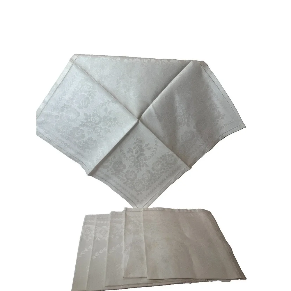 Vintage White Linen Damask Tablecloth Set 6 Rose Floral Dinner Napkins 20x20